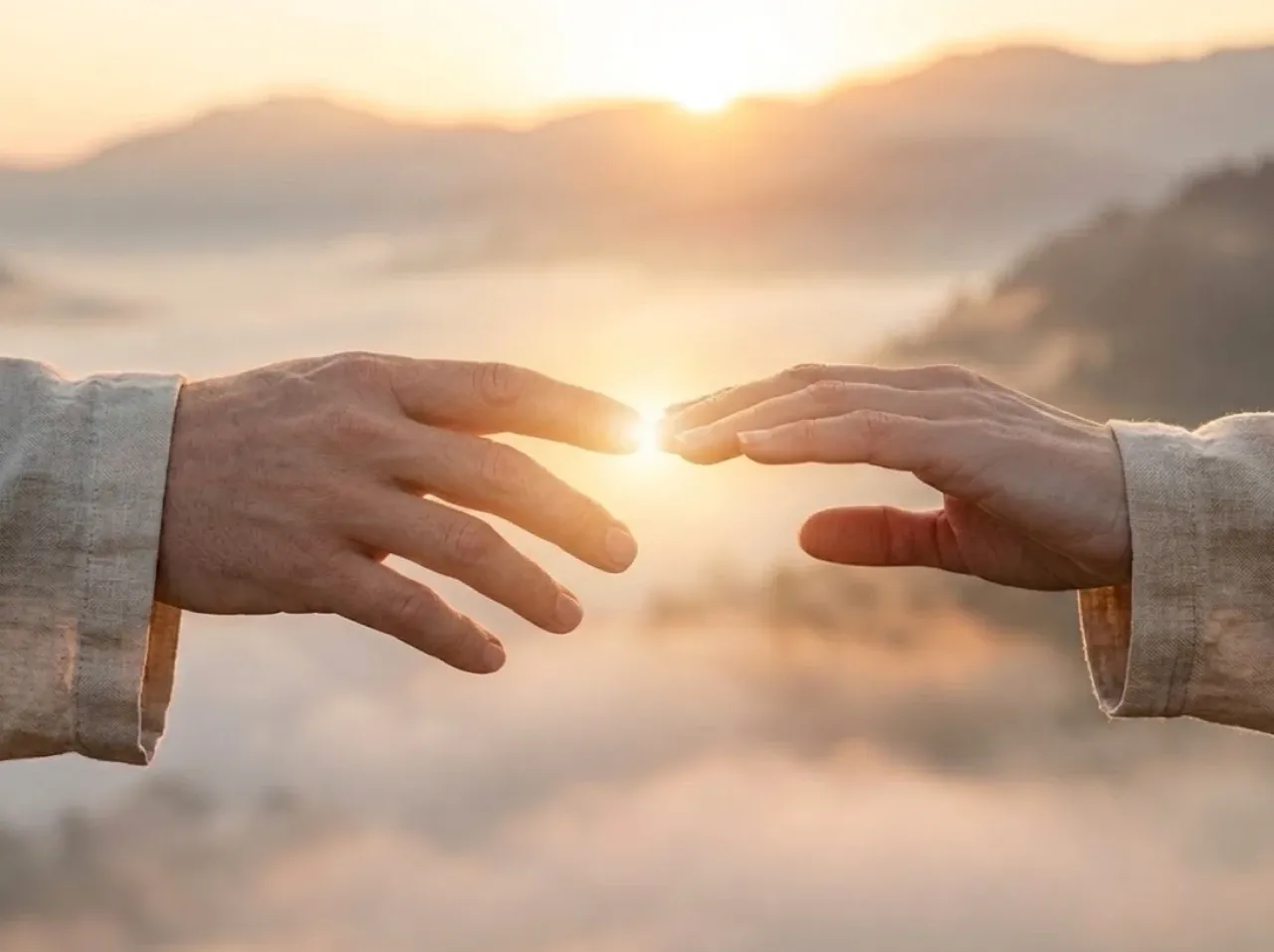 Vuelve Meditación Yo Soy: dos manos que se acercan al amanecer